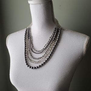 Beaded and Acrylic Beaded Necklace Teired 5 Layer Costume Jewelry Gray Tones